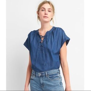 Gap Short Sleeve Lace Up Denim Marine Blue Top